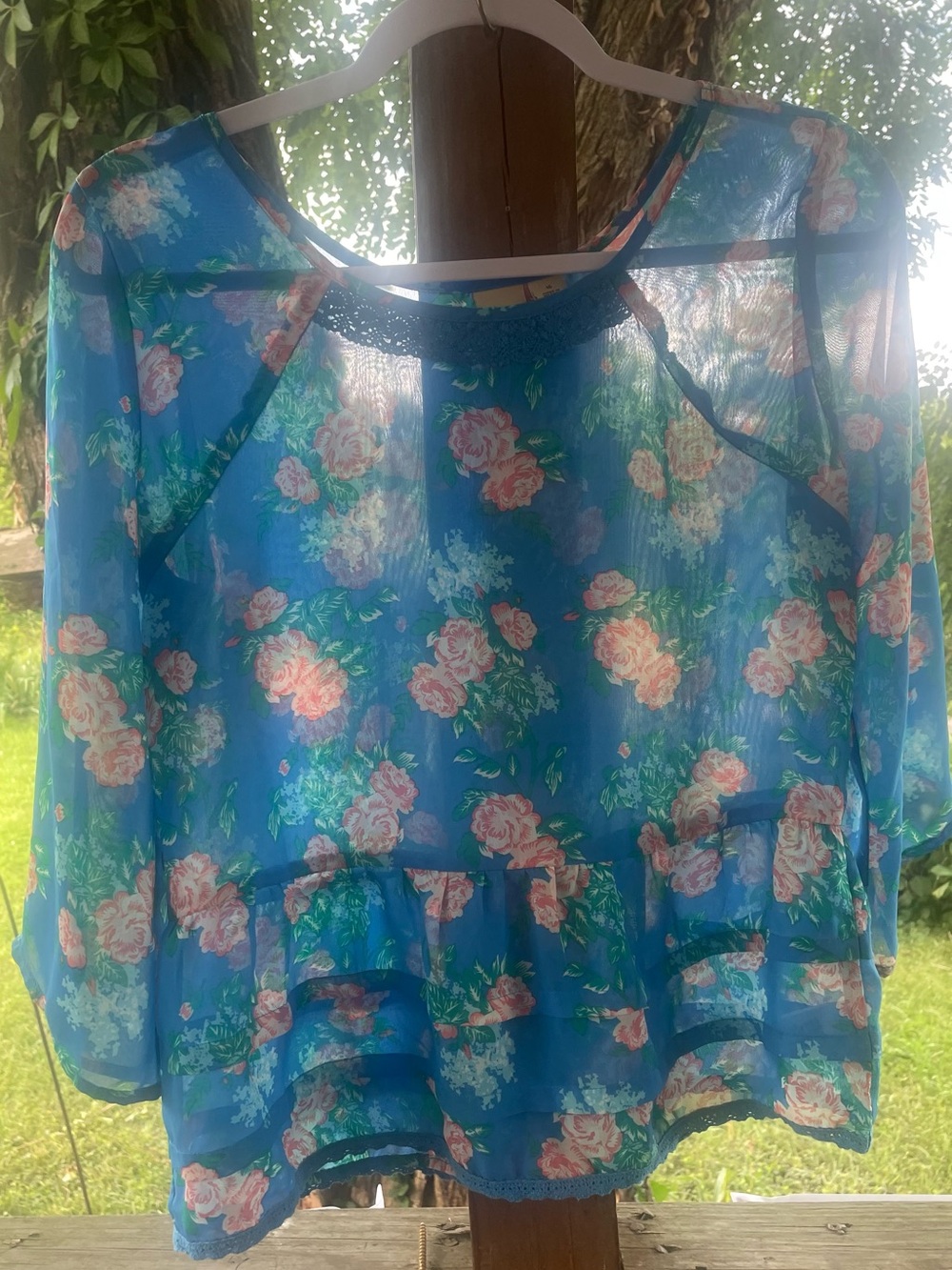 Mudd Blue Floral Sheer Peplum Blouse - Blue / Pink Size 16 Ruffle Hem